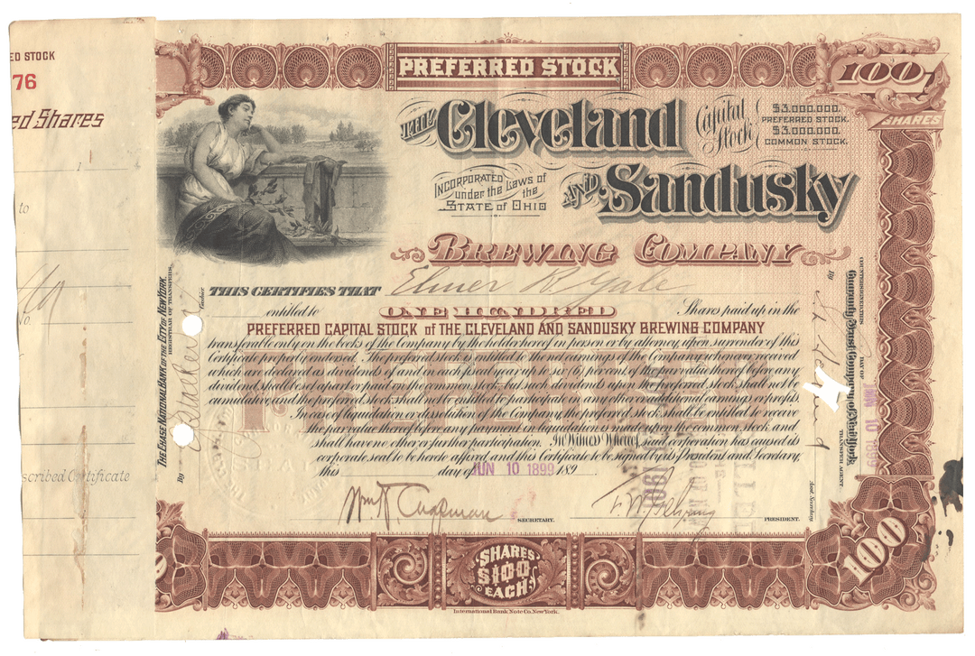 Vintage stock certificate from the Cleveland and Sandusky Brewing Company from 1899