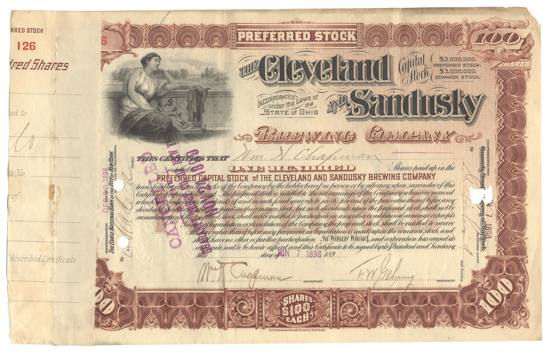 Vintage stock certificate for Cleveland and Sandusky Brewing Company with decorative elements and text dating back to 1898