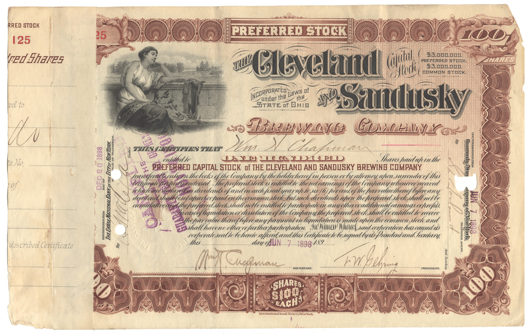 Vintage Cleveland and Sandusky Brewing Company preferred stock certificate from 1898