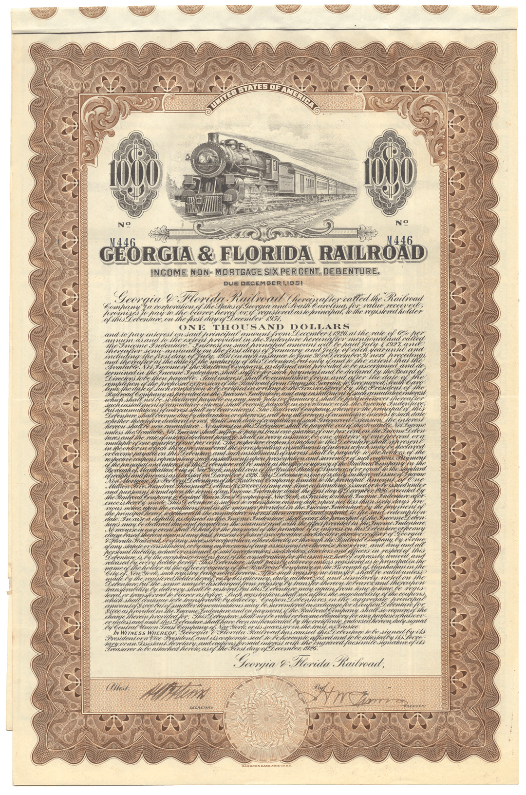Historical stock certificate for the Georgia & Florida Railroad with decorative border and train illustration.