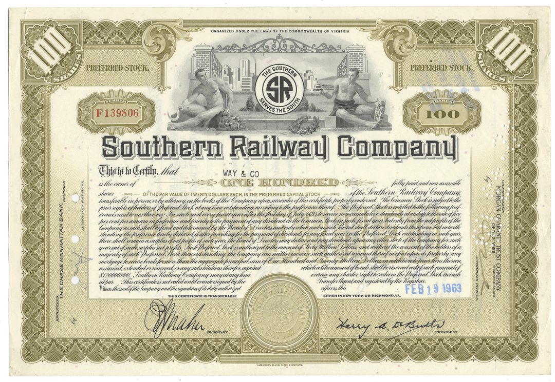 Vintage stock certificate of the Southern Railway Company with detailed design and text from 1963