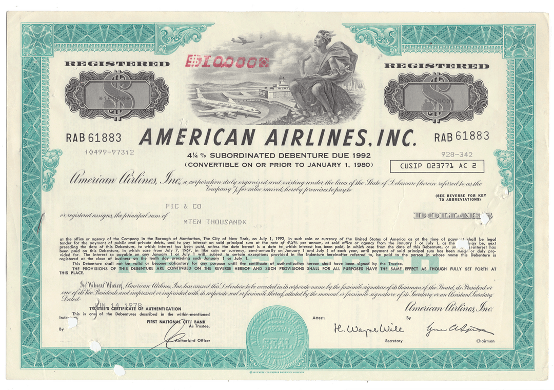 American Airlines, Inc. bond certificate from 1978