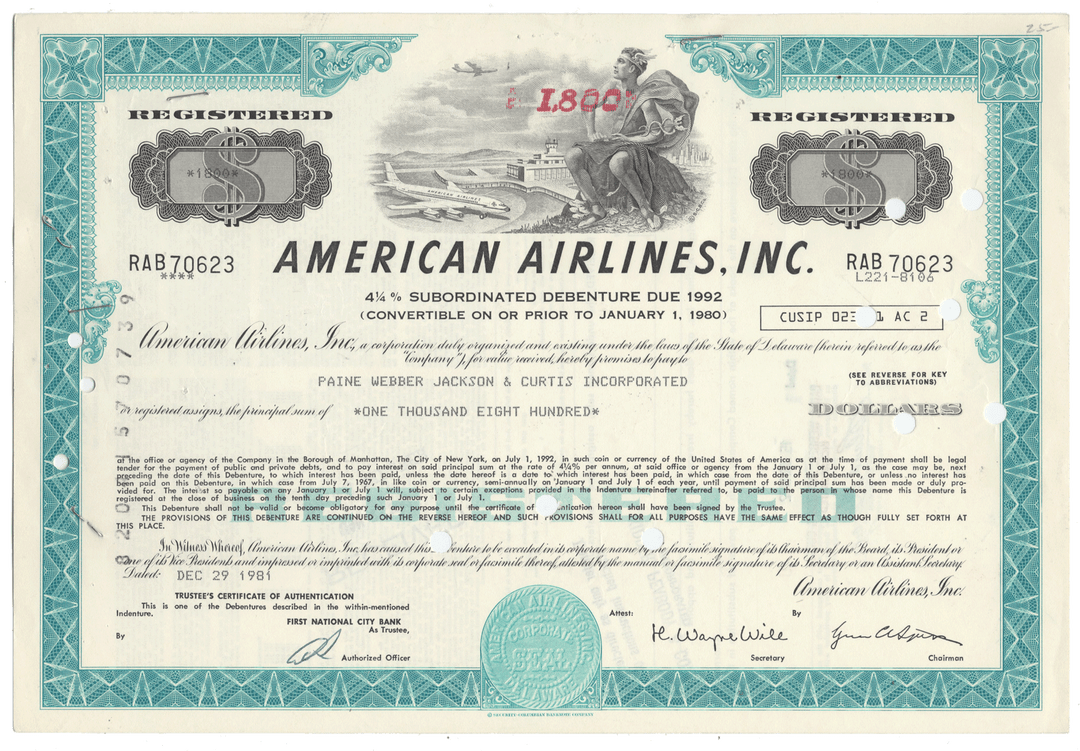 An antique American Airlines Inc. bond certificate from 1981