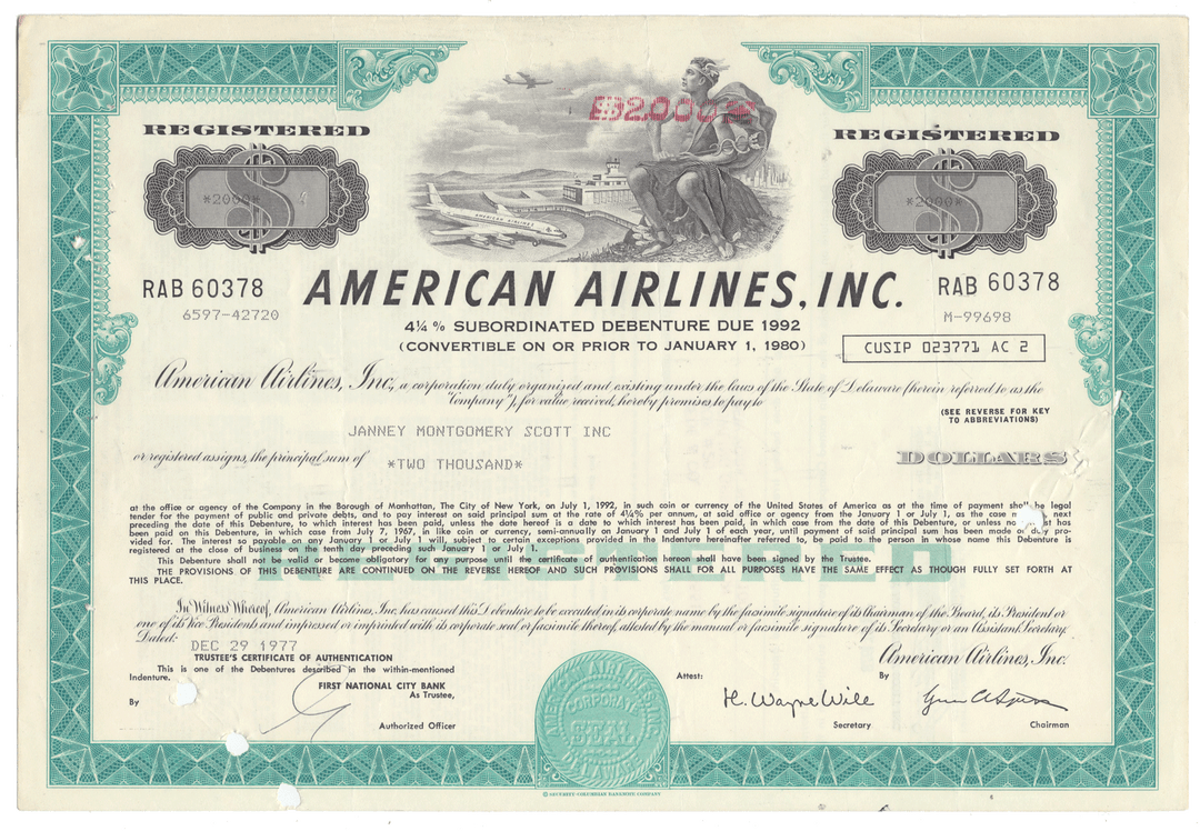 A vintage American Airlines Inc. bond certificate from 1977