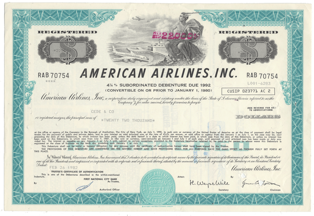 Vintage American Airlines Inc. bond certificate dated 1982.