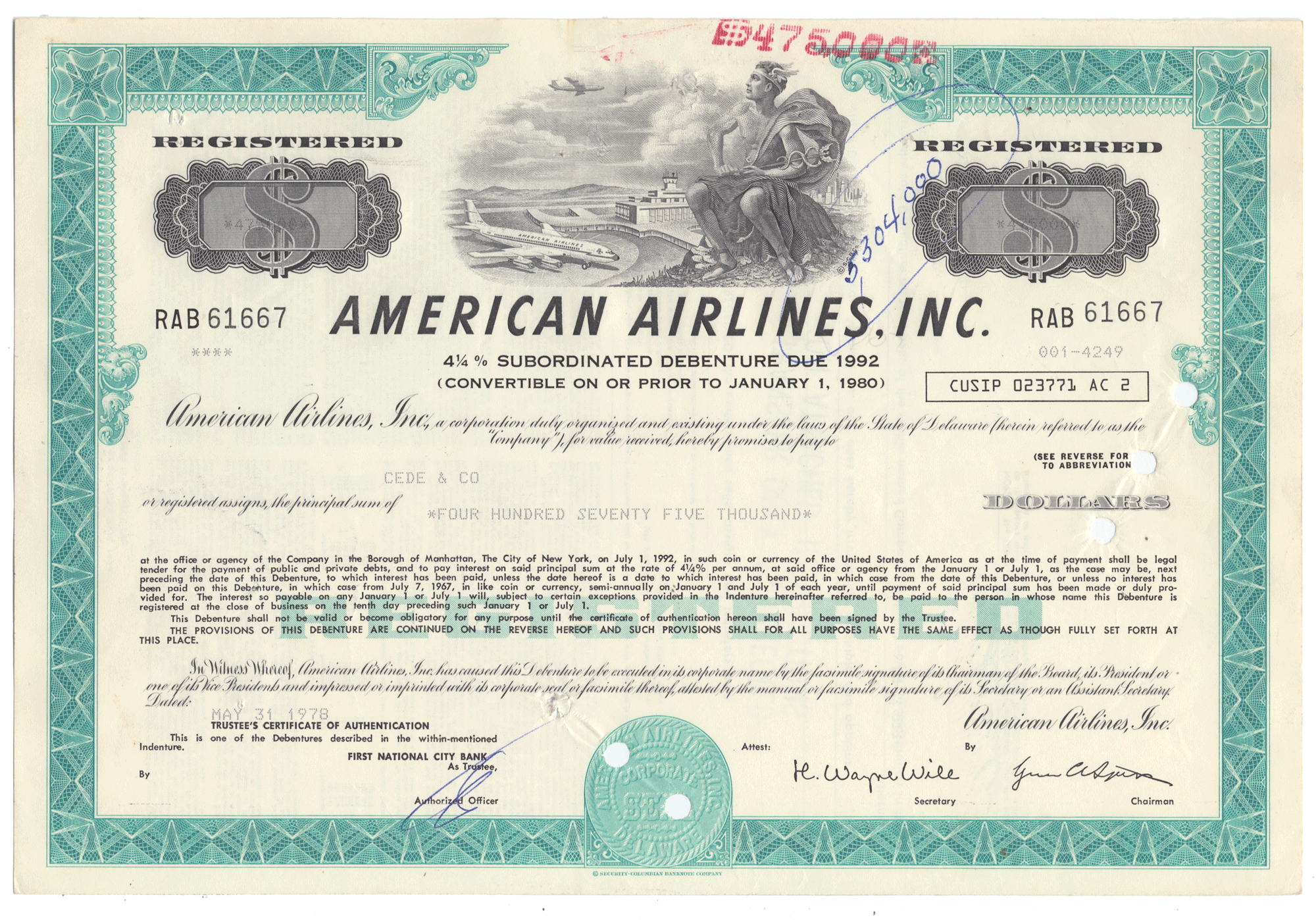 American Airlines, Inc. bond certificate from 1978