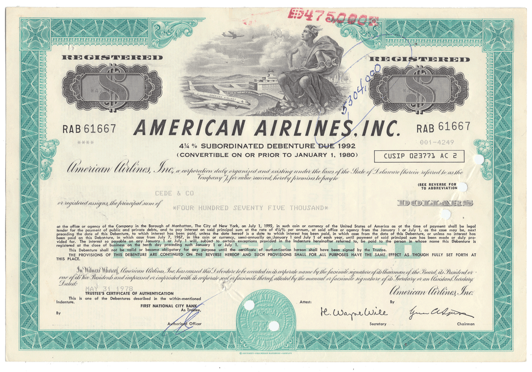 American Airlines, Inc. bond certificate from 1978