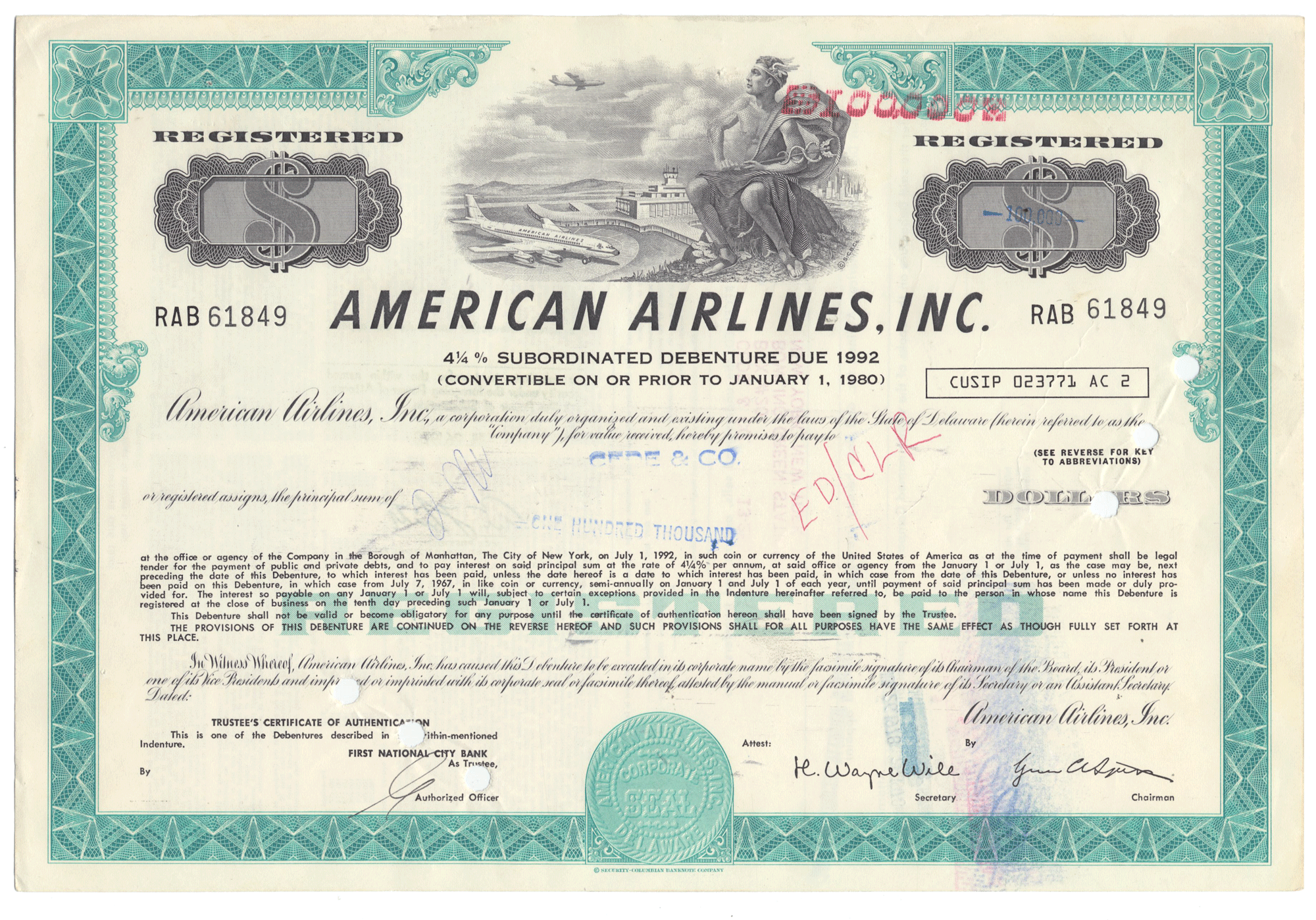 American Airlines, Inc. bond certificate with decorative elements from the 1970's