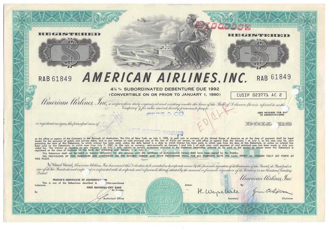 American Airlines, Inc. bond certificate with decorative elements from the 1970's