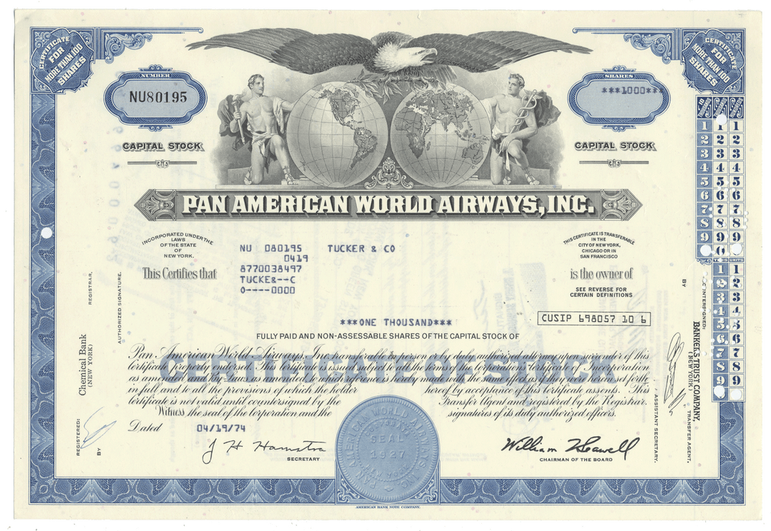 Pan American World Airways, Inc. stock certificate with blue and white design.