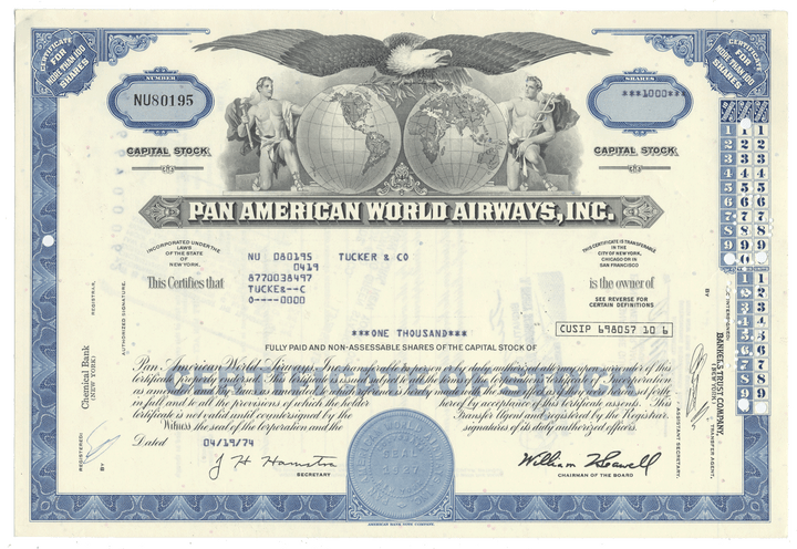 Pan American World Airways, Inc. stock certificate with blue and white design.