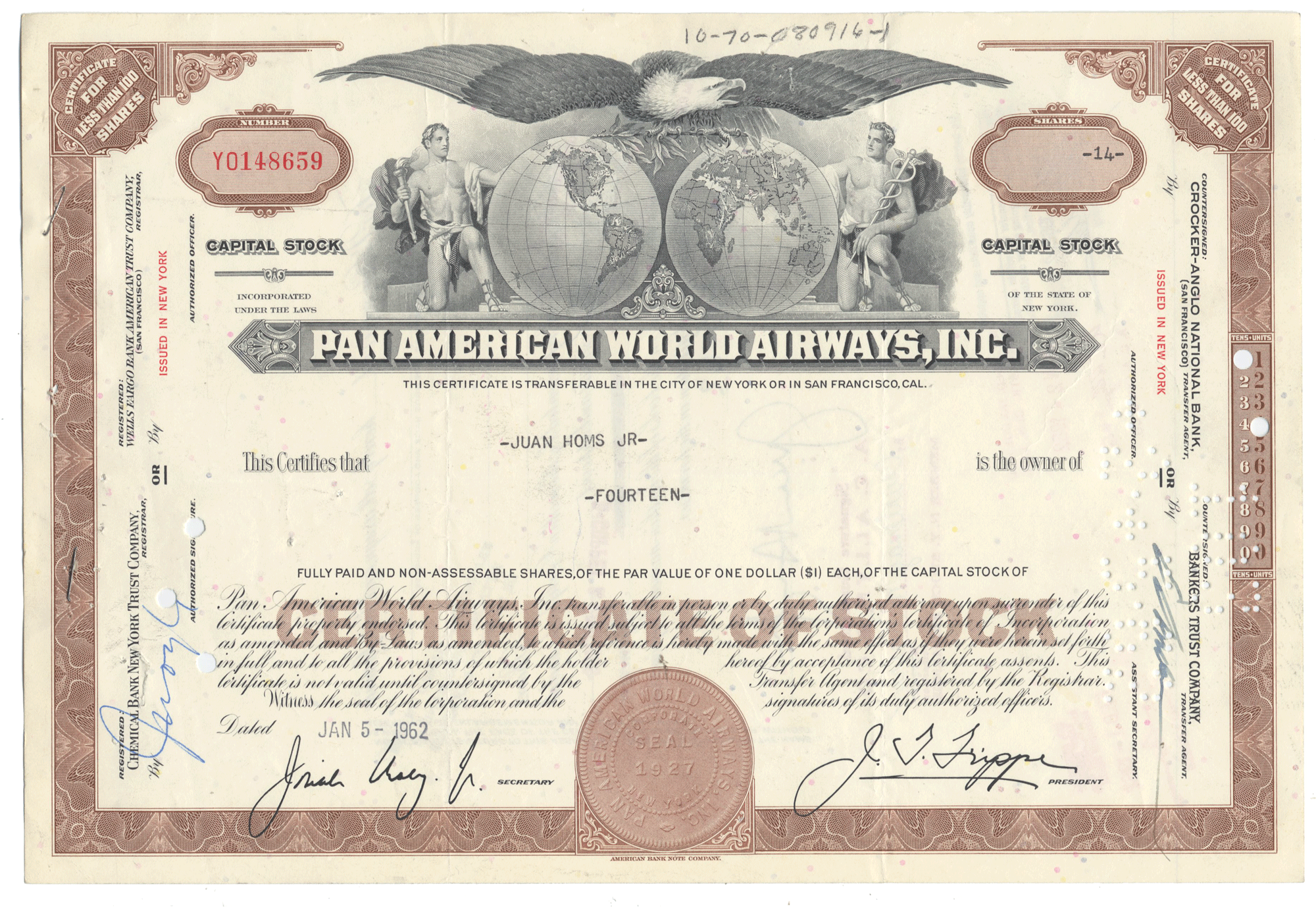 Pan American World Airways, Inc. stock certificate with an eagle and globe design.