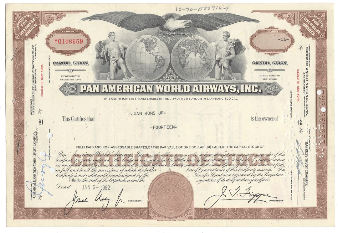 Pan American World Airways, Inc. stock certificate with an eagle and globe design.