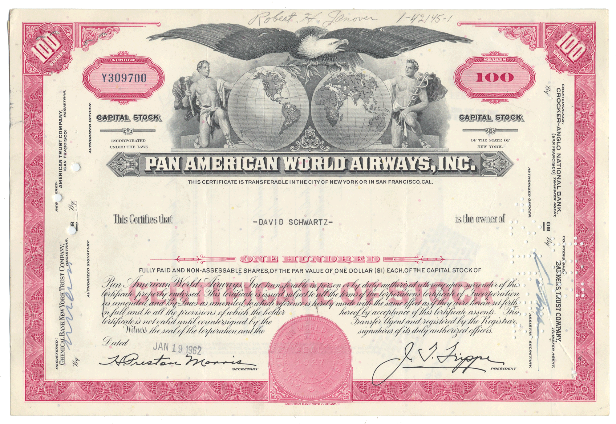 Pan American World Airways, Inc. stock certificate with an eagle emblem and world map design.