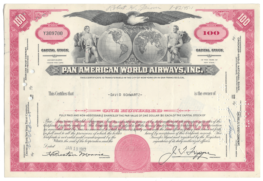 Pan American World Airways, Inc. stock certificate with an eagle emblem and world map design.