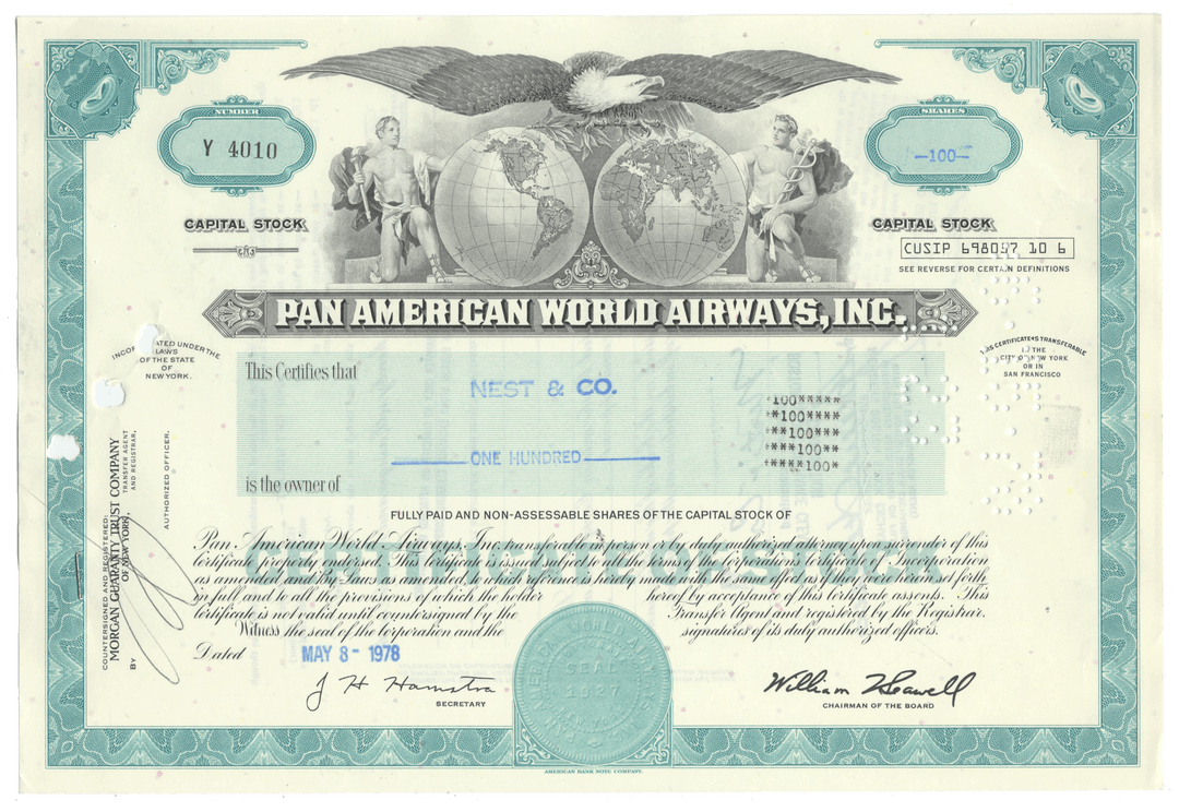 Pan American World Airways, Inc. stock certificate with an eagle emblem