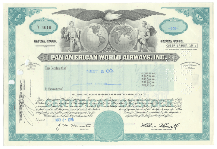Pan American World Airways, Inc. stock certificate with an eagle emblem