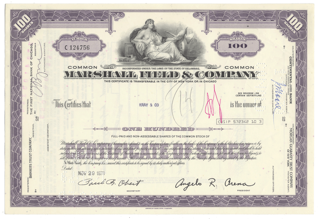 A vintage 100-share stock certificate from the Marshall Field & Company, from 1978