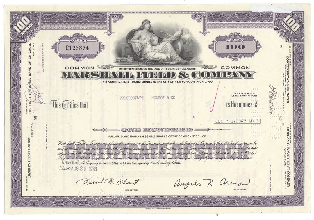 A vintage 100-share stock certificate from the Marshall Field & Company, from 1978