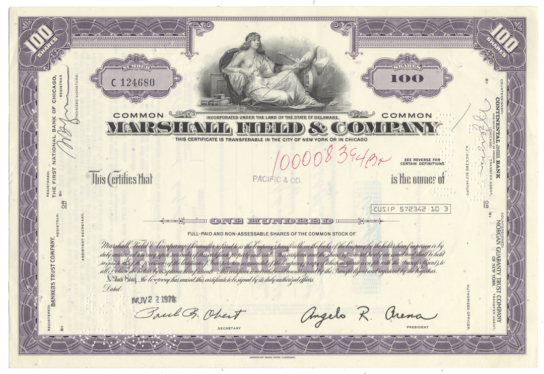 Marshall Field & Company stock certificate from 1978