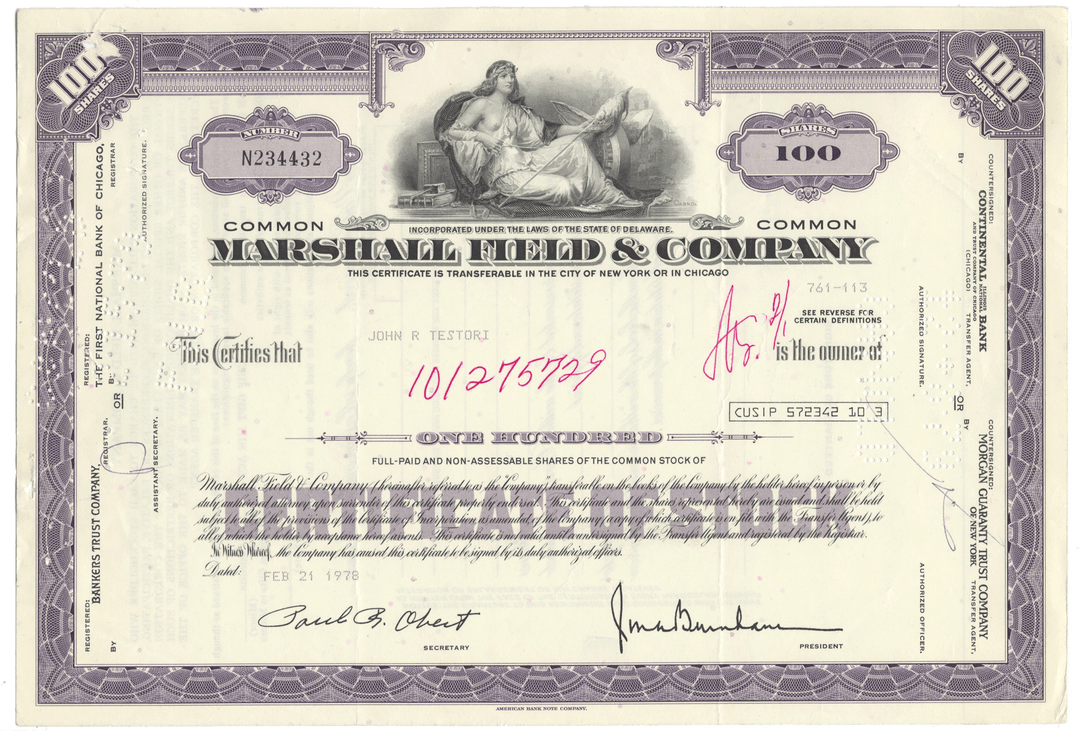 Marshall Field & Company stock certificate with decorative elements and text.