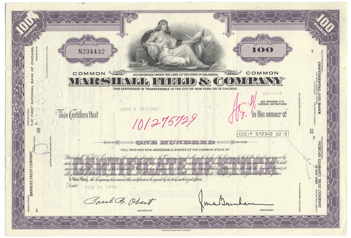 Marshall Field & Company stock certificate with decorative elements and text.
