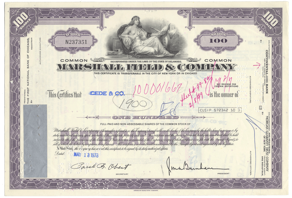 Vintage stock certificate for Marshall Field & Company with purple and white design.