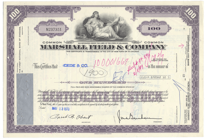 Vintage stock certificate for Marshall Field & Company with purple and white design.