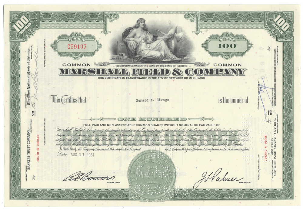 Vintage stock certificate for Marshall Field & Company with green and white design.