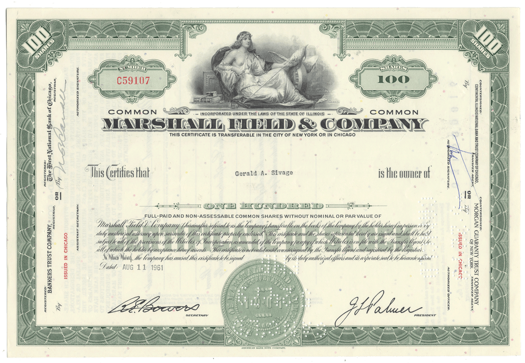 Vintage stock certificate for Marshall Field & Company with green and white design.