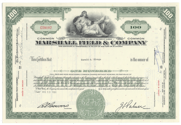 Vintage stock certificate for Marshall Field & Company with green and white design.
