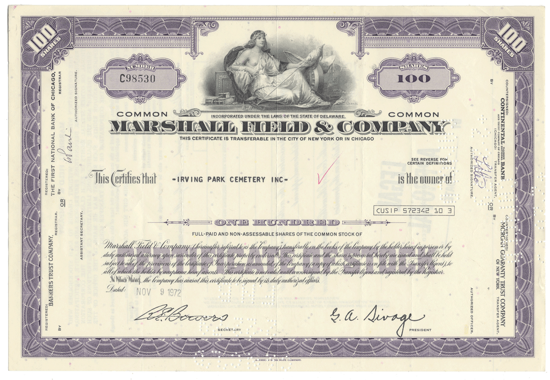 Marshall Field & Company stock certificate with decorative elements