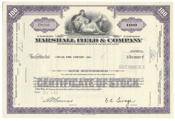 Marshall Field & Company stock certificate with decorative elements