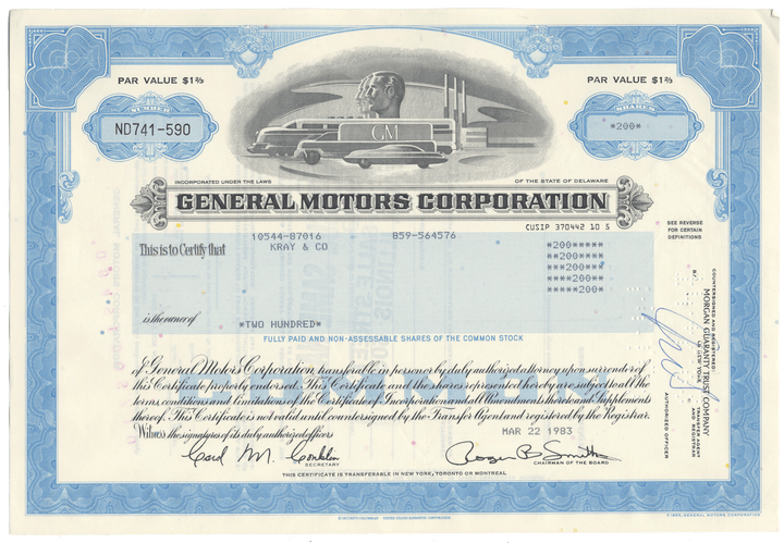General Motors Corporation stock certificate with blue border and car illustration