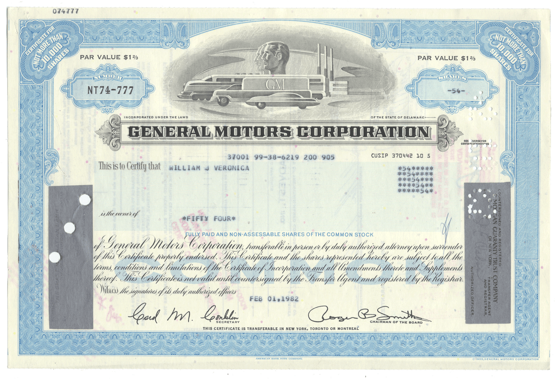 Vintage stock certificate of General Motors Corporation with blue border and logo.