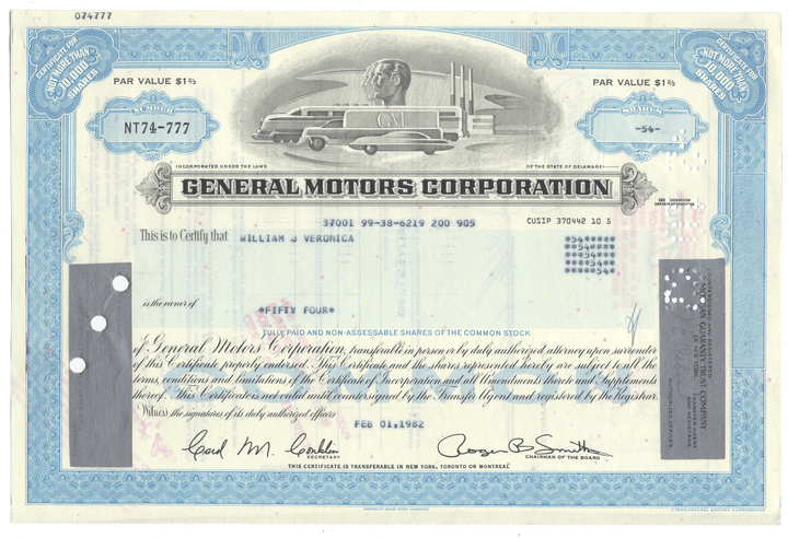 Vintage stock certificate of General Motors Corporation with blue border and logo.