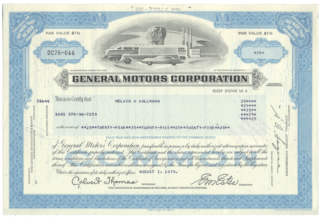 General Motors Corporation stock certificate with blue border and logo.