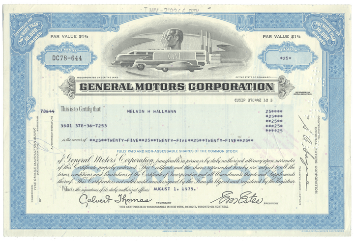 General Motors Corporation stock certificate with blue border and logo.