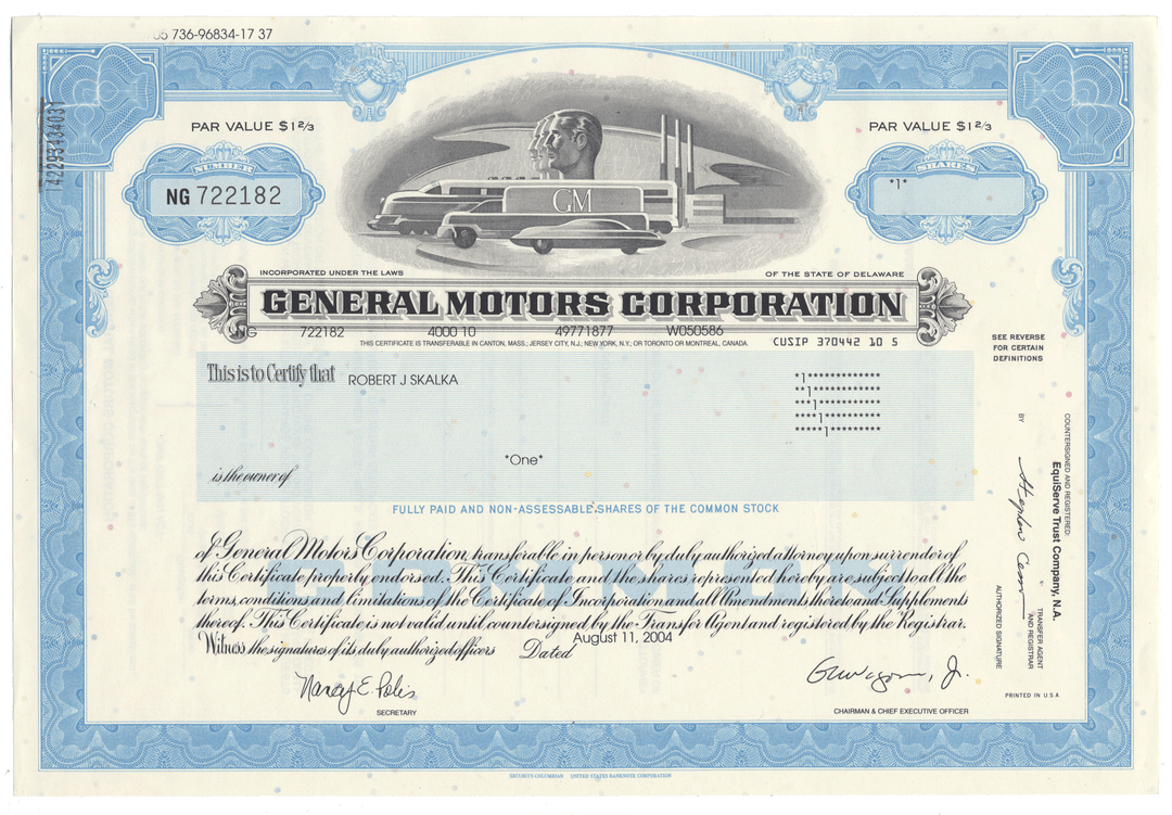 General Motors Corporation stock certificate with blue and white design