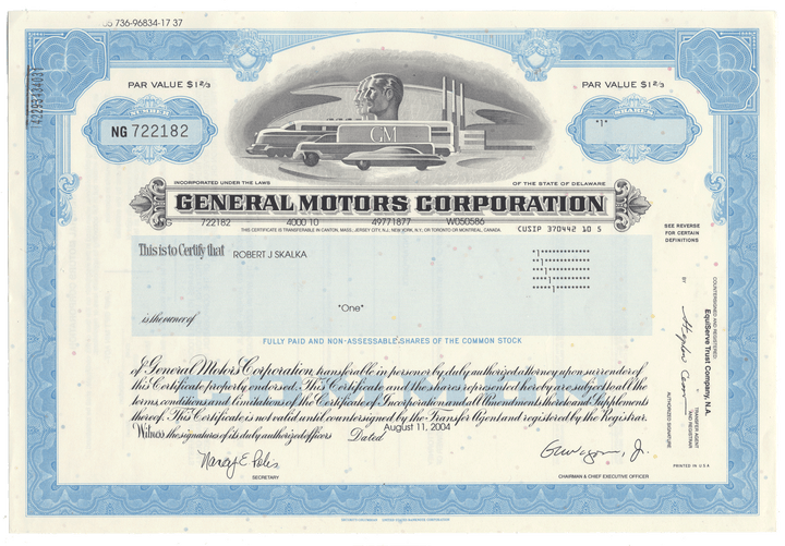 General Motors Corporation stock certificate with blue and white design