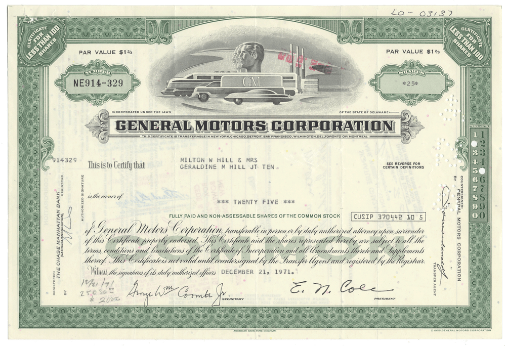 General Motors Corporation stock certificate with logo and text