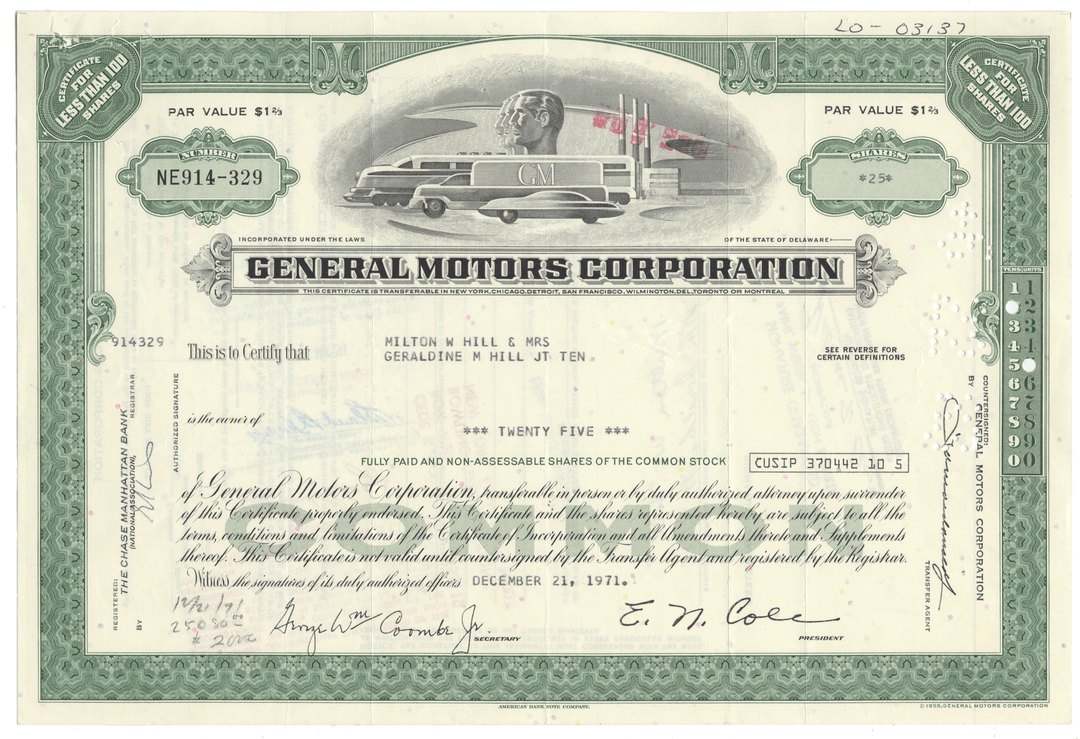 General Motors Corporation stock certificate with logo and text