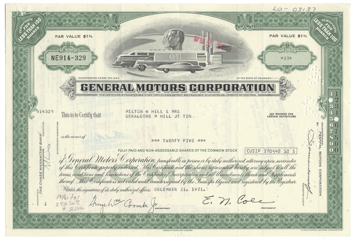 General Motors Corporation stock certificate with logo and text
