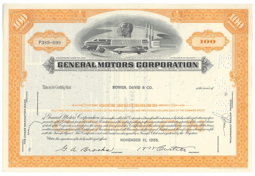General Motors Corporation stock certificate from 1955 with orange border and black text.