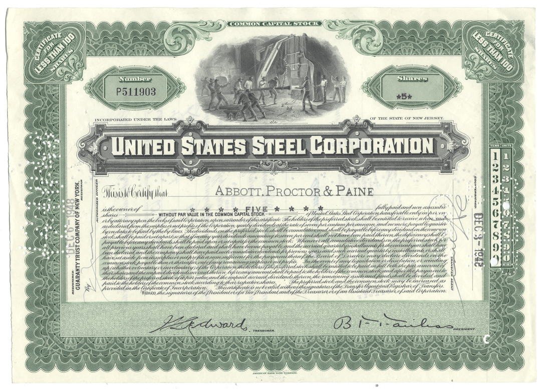 A vintage United States Steel Corporation stock certificate from 1948