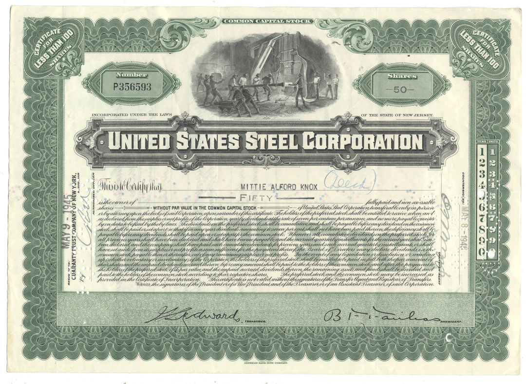 United States Steel Corporation stock certificate from 1945