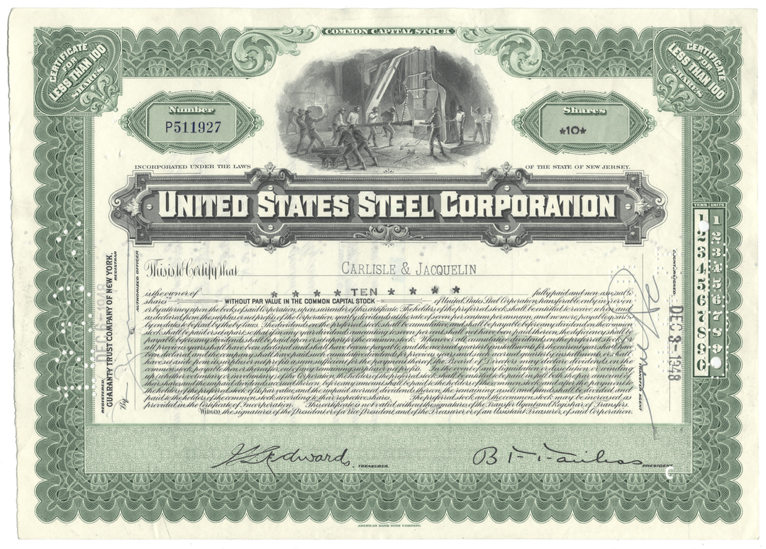 United States Steel Corporation stock certificate with green border and detailed design.