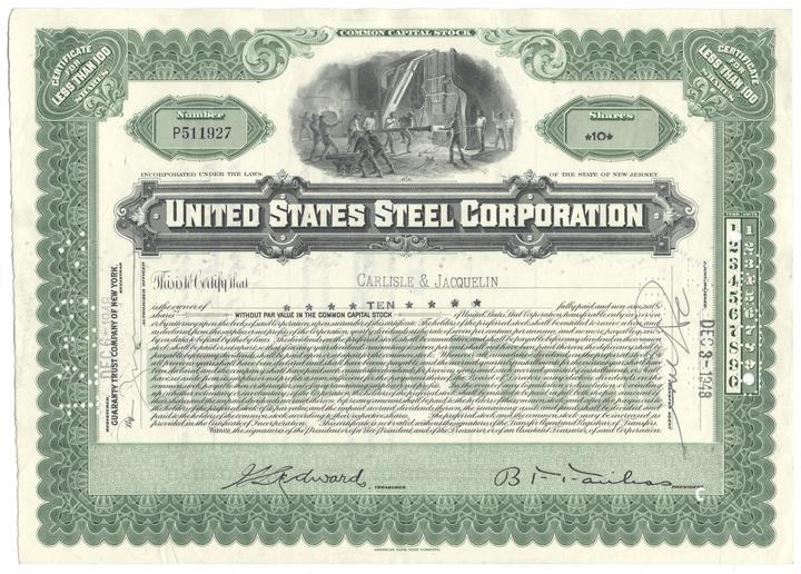 United States Steel Corporation stock certificate with green border and detailed design.