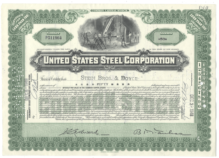 United States Steel Corporation stock certificate from 1948