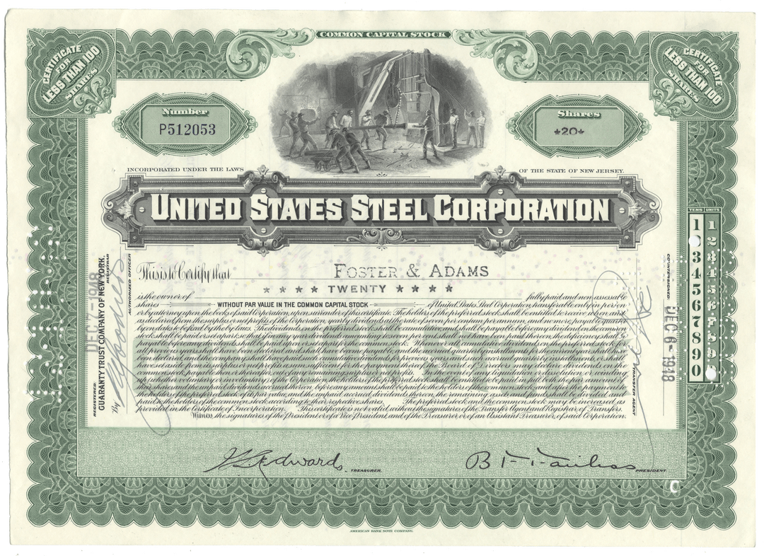 United States Steel Corporation stock certificate from 1948 with decorative elements and text.